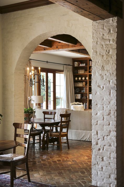 A Hays Town, Louisiana Architecture, Archways In Homes, Brick Floors, Brick Living Room, Brick Archway, Interior Brick, Brick Columns, Brick Interior Wall