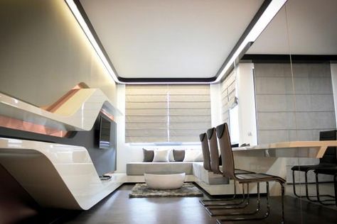 small apartment ideas and interior design in futuristic style Futuristic Home Interior, Futuristic Apartment, Retro Futuristic Interior, Futuristic Interior Design, Interior Design Apartment Small, Interior Design Examples, Small Apartment Interior, Daily Ideas, Futuristic Home