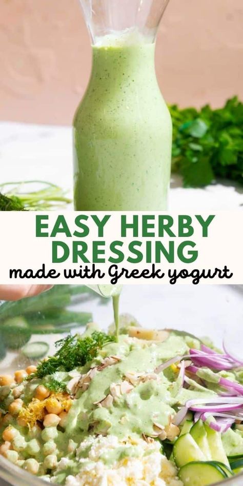 Light, zesty, and filled with fresh herby flavor, this Greek yogurt dressing is a fantastic addition to salads! It's also great as a dipping sauce and it comes together in just about 5 minutes. Dressings With Greek Yogurt, Greek Yogurt Based Sauce, Hummus Vinaigrette Dressing, Greek Yogurt Dressing Recipes Healthy, Salad Dressing With Greek Yogurt, Greek Yogurt Dressing Recipes, Yogurt Sauces, Yogurt Dressing Recipe, Yogurt Salad Dressing