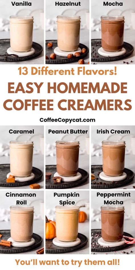 Easy Homemade Coffee Creamer (13 Flavors!) - coffeecopycat.com Natural Pumpkin Spice Creamer, Non Toxic Coffee Creamer, How To Make Creamer For Coffee With Milk, Copycat Coffeemate Creamer, Natural Coffee Creamer Recipe, Homemade Coffee Flavoring, Recipe For Coffee Creamer, Natural Creamer For Coffee, At Home Creamer