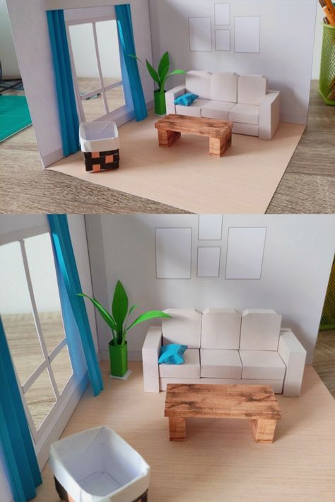 Printable PDF template for making your own miniature living room model with just a few sheets of paper. The 1:16 scale is easy to work with and the assembled model won't take up too much space. You can place in on a shelf as decor. Baby Food Jars Diy, Miniature Living Room, Mini Objects, Paper Dollhouse, 3d Living Room, Jars Diy, House Decorating Ideas Apartments, Food Jars, Sheets Of Paper