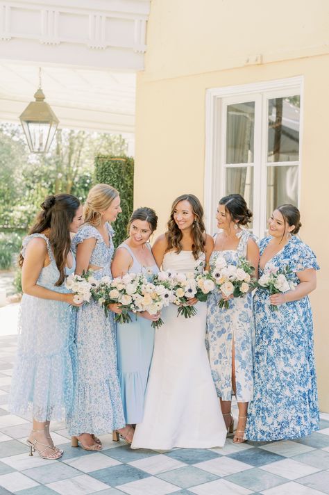 French Blue Wedding Bridesmaid, Chinoiserie Bridesmaid Dress, Wedding Without Bridal Party, Blue And White Bridesmaid Dresses, Wychmere Wedding, Mismatched Blue Bridesmaid Dresses, Toile Wedding, William Aiken House Wedding, Hamilton Wedding