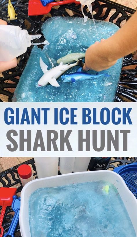 Shark Week Ice Block Excavation Activity for Summer Fun! - Glitter On A Dime Shark Week School Activities, Shark Week Sensory Bin, Shark Themed Party Games, Shark Week Decorations Diy, Shark Themed Birthday Party Games, Shark Fine Motor Activities, Preschool Shark Week Activities, Shark Day Activities, Shark Week Theme Preschool