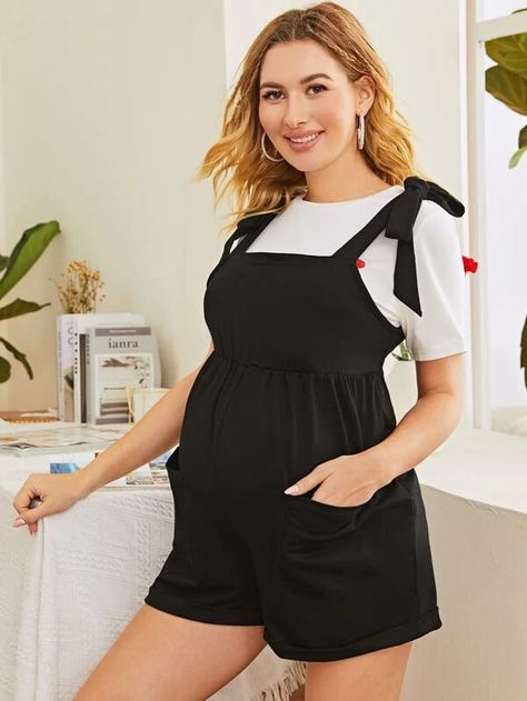 SHEIN Maternity Knot Shoulder Patch Pocket Overall Shorts Maternity Romper, Casual Maternity Outfits, Maternity Clothes Summer, Post Pregnancy Fashion, Preggo Fashion, Overalls Fashion, Mommy Outfits, Clothes For Pregnant Women, Cami Romper