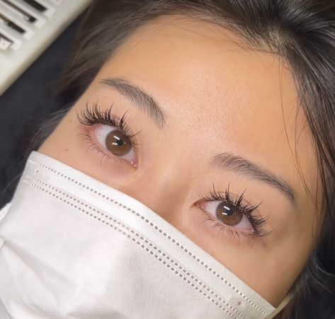 A screenshot from a video of a girl who is a client, wearing a mask. She just got her lashes done and the person recording the original video is showing off the work done on her client. Japanese Lashes Extensions, Lash Extension Monolid, Manhwa Eyelash Extensions, Subtle Wispy Lash Extensions, Lash Extensions On Monolids, Thai Lash Extensions, Anime Lash Extensions Natural, Eyelash Extensions Round Eyes, Natural Anime Lash Extensions