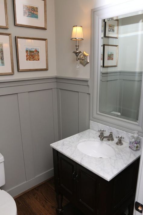 Powder room remodeling ideas powder room traditional with gray paneling gray paneling half bath: Timber Paneling, Wood Panel Bathroom, Powder Room Remodel, Wood Wall Bathroom, Bathroom Paneling, Painting Wood Paneling, Bathroom Wall Panels, Brick Paneling, Wood Bathroom