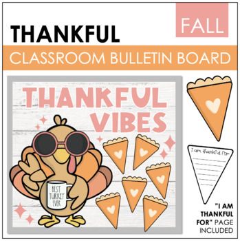 This is a great time to talk about thankfulness! Your students will love this bulletin board or door decor! Includes: Turkey Poster- 6 pages (PDF also included to print the turkey bigger or smaller.) "Thankful Vibes" Letters "I am thankful for" pies for students (color and black/white)Customer Tips:... Thanksgiving Health Bulletin Boards, Turkey For Bulletin Board, Thanksgiving Bulletin Board Kindergarten, Thanksgiving Teacher Board Ideas, Thanksgiving School Nurse Bulletin Board, Give Thanks Bulletin Board, Thanksgiving Door For Classroom, November Bulletin Board Kindergarten, Gratitude Door Decorations Classroom