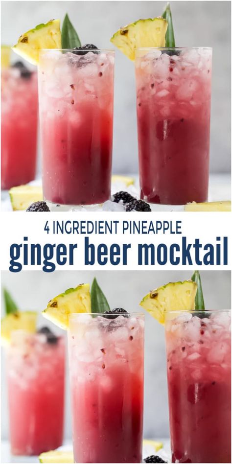 This 4 Ingredient Pineapple Ginger Beer Mocktail is a tropical fiesta for your taste buds! Made with sweet pineapple juice, fresh blackberries, zesty lime juice and bubbly ginger beer, it's an easy alcohol-free beverage that light and refreshing for the summer! #mocktailrecipe #nonalcoholic #gingerbeerrecipes #summermocktails #virgindrinks Ginger Beer Drinks, Summer Mocktails, Best Non Alcoholic Drinks, Easy Mocktail Recipes, Mocktail Drinks, Pineapple Ginger, Alcohol Free Drinks, Drink Recipes Nonalcoholic, Non Alcoholic Cocktails