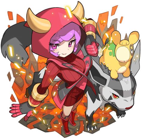 1girl boots fake_horns fighting_stance from_above full_body gloves hoodie horned_headwear kagari_(pokemon) kagari_(pokemon)_(remake) looking_at_viewer mightyena molten_rock numel pokemon pokemon_(game) pokemon_oras purple_hair ribbed_sweater saitou_naoki short_hair smile sweater team_magma uniform violet_eyes Naoki Saito, Pokémon Ruby And Sapphire, Pokemon Rosa, Pokemon Omega Ruby, Pokémon Oras, Pokémon Ruby, Mega Pokemon, Pokemon Waifu, Pokemon Special