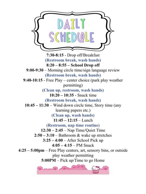 Two Year Old Classroom Schedule, Preschool Teacher Schedule, Preschool Daily Schedule Ideas, Inhome Daycare Schedule, Sample Daycare Schedule, Daycare Small Space Ideas, After School Daycare Activities, Daycare Schedule For Infants, Daycare Nap Time Ideas