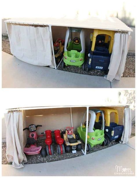 If you really want to house your children’s driving toys in style, make them their own mini garage. Toy Organization Diy, Outdoor Toy Storage, Spring Diy Projects, Toy Car Storage, Outdoor Organization, Backyard Storage, Backyard Diy Projects, Parking Garage, Backyard Projects