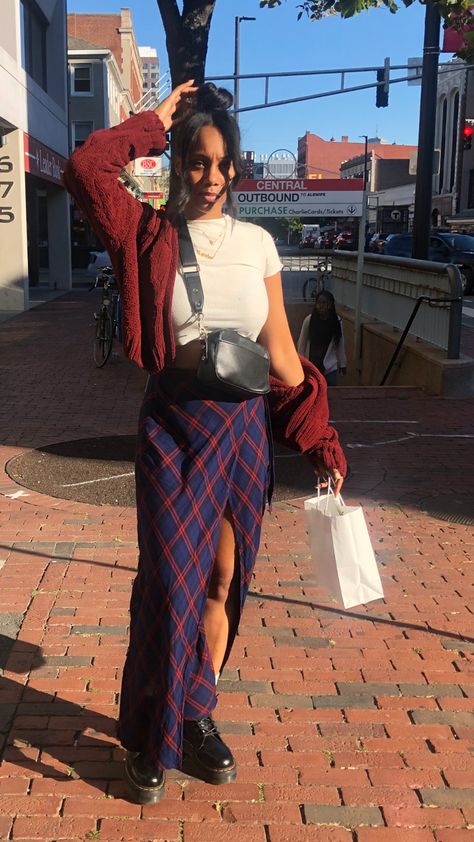 Mid Size Doc Martens Outfit, Maxi Skirt With Doc Martens, Skirts And Doc Martens Outfit, Skirt And Doc Martens Outfit, Doc Martens Outfit Black Women, Cute Plaid Skirt Outfits, Doc Martens Outfit Spring, Indie Fall Outfits, Doc Outfits