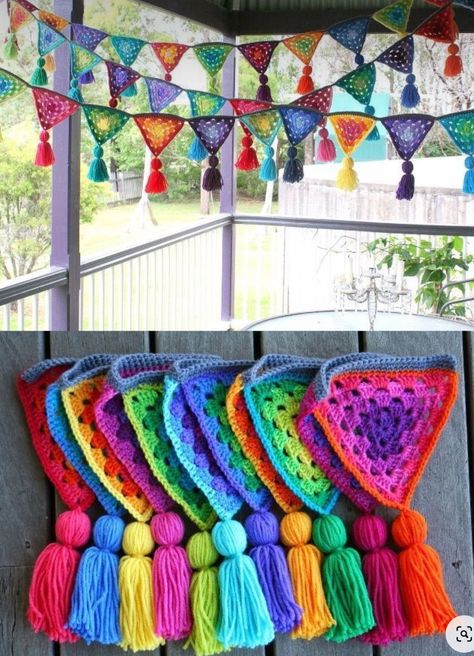 Alternative Flower Pots, Crochet Home Decor Boho, Crochet Buntings, Crochet Curtain Pattern, Crochet Bunting, Crochet Garland, Crochet Curtains, Crochet Decoration, Crochet Home Decor