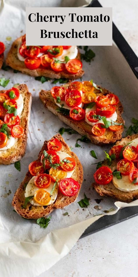 Baguette With Tomatoes, Toasted Bread With Tomatoes, Tomato Basil Toast, Fall Cherry Tomato Recipes, Grape Tomato Bruschetta, Tomato On Bread Appetizer, Breakfast Ideas With Cherry Tomatoes, Goat Cheese Cherry Tomatoes, Cherry Tomato Tart Recipes