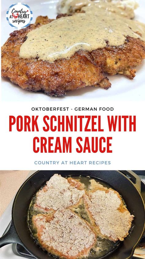 Pork Schnitzel with Cream Sauce is one of our favorite comfort dinners. It works well for a Sunday dinner or for your next Octoberfest celebration. #porkschnitzelwithcreamsauce #maindishes #pork #germancuisine #oktoberfest #dillcreamsauce #porktenderloin #germanfood #breadedmeat #friedfoods #castironskillet #countryatheartrecipes https://countryatheartrecipes.com/2020/06/pork-schnitzel-with-cream-sauce/ Weiner Snitzel Recipe, German Pork Recipes, German Pork Chops, Pork Schnitzel Recipe, Pork Cutlet Recipes, Food Authentic, German Food Authentic, Schnitzel Recipes, Pork Schnitzel