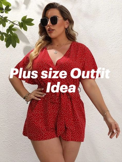 Plus size Outfit for Summer: Red Belted Romper Short Jumpsuit Plus Size Romper Outfit, Jumpsuit Outfit Summer, Plus Size Women Outfits, Cute Outfits For Summer, Summer Rompers, Outfit Ideas For Summer, Outfit For Summer, Belted Romper, Summer Shorts Outfits