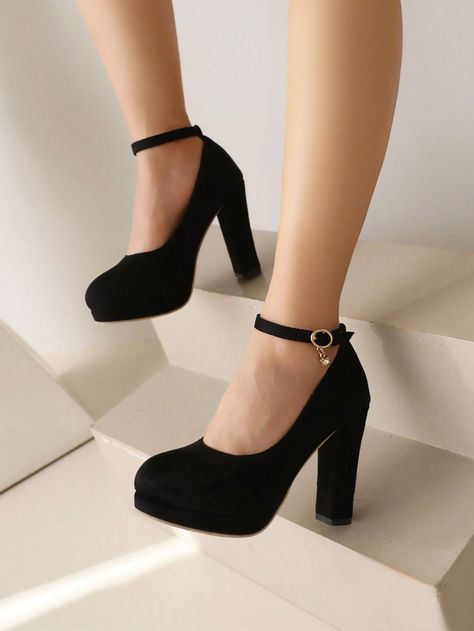 Black  Collar     Embellished   Women Shoes Black Evening Shoes, Ankle Strap Chunky Heels, Heels Prom, Cute Shoes Heels, Black Platform Heels, Prom Heels, Fancy Shoes, Chunky High Heels, Platform Heels Chunky