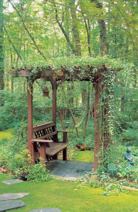 Shady arbor bench Sitting Area Under Tree, Pergola Vines, Pergola Roof, Arbor Bench, Wood Arbor, Cheap Landscaping Ideas, Pergola Lighting, Wood Pergola, Pergola Design