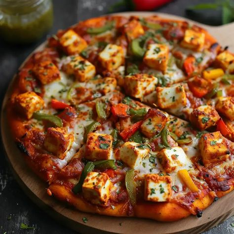 Homemade Paneer Pizza is a delightful and flavorful fusion of Indian and Italian cuisines. This vegetarian pizza features a homemade paneer tikka topping, which is a popular Indian dish made from cubes of paneer (Indian cottage cheese) marinated in spices and yogurt. The creamy and slightly spicy paneer tikka pairs perfectly with the classic pizza base and toppings, creating a unique and mouthwatering pizza experience. Tikka Masala Pizza, Homemade Paneer, Paneer Pizza, Sandwich Recipes Indian, Romantic Breakfast, Veg Pizza, Chicago Style Pizza, Pizza Base, Classic Pizza