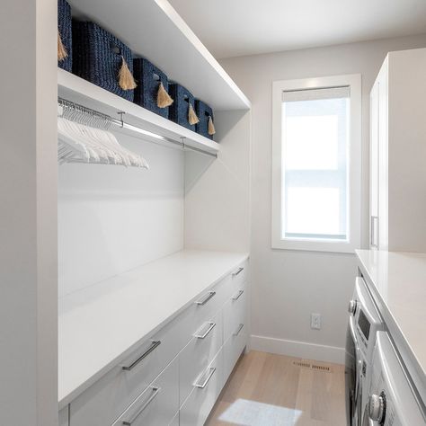 Long Narrow Laundry Room Design, Long Hallway Laundry Room Ideas, Deep Freeze In Laundry Room, Narrow Laundry Room With Toilet, Laundry Room Ideas With Deep Freezer, Laundry Room Upstairs Layout, Narrow Cabinet Laundry Room, Closets By Design Laundry Rooms, Laundry Room Galley Layout