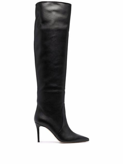 Black leather/calf leather x Brian Atwood Carra leather boots from Scarosso featuring pointed toe, slip-on style, knee-length, high stiletto heel, leather outsole and 85mm heel. | Scarosso x Brian Atwood Carra leather boots Long Stiletto, Knee Length Boots, Thigh Boots, Thigh Boot, Stiletto Boots, Brian Atwood, Nyc Apartment, Black Leather Boots, Stiletto Heel