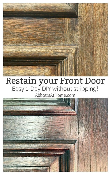 Door Makeover Ideas, Restaining Wood Furniture, Stained Front Door, Diy Sliding Door, Front Door Makeover, Wood Projects For Beginners, Home Remodeling Diy, Wood Front Doors, Diy Holz