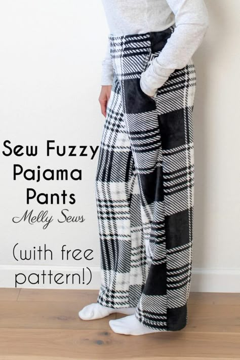 How to Make Fleece PJ Pants - DIY Fuzzy Pyjama Project - Melly Sews Diy Lounge Wear, Sewing Workspace, Pajama Pants Diy, Pajama Pants Pattern Free, Fleece Sewing Patterns, Fuzzy Pj Pants, Pajama Pants Pattern, Fleece Sewing Projects, Fuzzy Pajama Pants