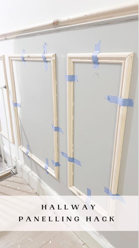 Hallway panelling has started. I discovered a super easy way to get every section equal! I’m filming a YouTube guide. Comment YES - to be… | Instagram Easy Hallway Panelling, Narrow Hallway Wainscotting Ideas, Small Hallway Panelling, Diy Panelling Walls Hallways, Diy Hallway Panelling, Hallway Moulding Ideas, Diy Hallway Makeover, Narrow Hallway Panelling, Wainscoting Hallway Ideas