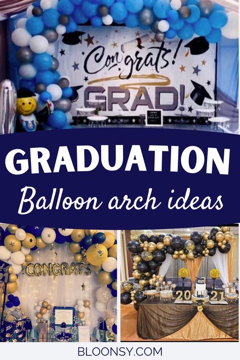 Graduation Party Balloon arch ideas, grad party decorations, decoration ideas, party decor, black & gold decor, backyard, affordable, cute & simple, easy, outdoor, trendy, hosting outdoor party ideas inspiration for high school, college or school graduation. Balloon arch, table decor, place settings, photo booth backdrop, congrats, banners, black gold confetti, centerpiece #graduationpartydecor #gradparty #graduationparty #gradpartydecor #outdoorparty #outdoorgradparty #balloonarch Graduation Backdrop Simple, Balloon Photo Booth Backdrop, Graduation Party Photo Booth Ideas, Balloons As Centerpieces, Outdoor Party Table Ideas, Graduation Back Drops High Schools, High School Graduation Balloon Arch, Grad Balloon Ideas, Balloon Garland Graduation Party