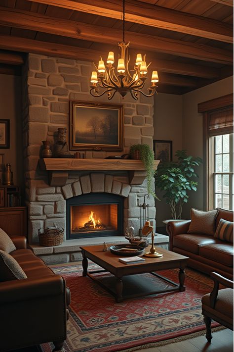 Cozy rustic living room with wooden beams, stone fireplace, and vintage furniture Wood Panel Living Room Decor, Primitive Fireplace Living Room, Rustic Lamps Living Room, Diy Rustic Living Room, Living Room Makeover Ideas, Room Makeover Ideas, Interior Design Rustic, Rustic Retreat, Exposed Beams