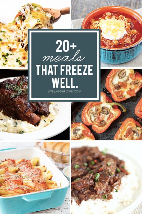 Over 20 delicious meals that freeze well -- perfect for busy nights. Let the family think you've been in the kitchen all day. Freezer meals for the win. More at livelaughrowe.com #freezermeals #mealprep Recipes That Freeze Well Freezer Meals, Crockpot Meals That Freeze Well, Things You Can Freeze, Freezer Meals For Senior Citizens, Spring Freezer Meals, Leftovers That Freeze Well, Heat And Eat Freezer Meals, Dinners That Freeze Well, Cooked Meals That Freeze Well