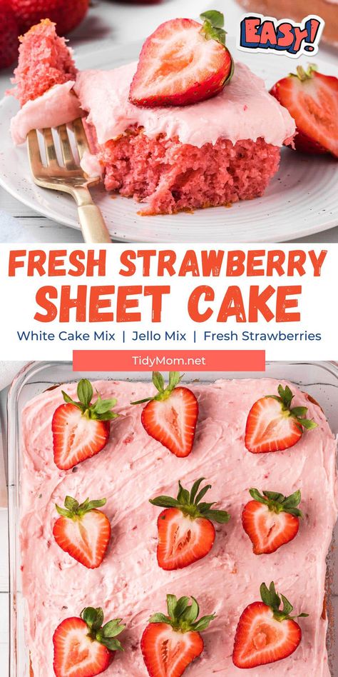 Craving the perfect strawberry delight? Look no further than this Easy Strawberry Cake. Made effortlessly with a box mix and Jello mix, it's a scrumptious treat bursting with fresh strawberries. Savor the simplicity and let your taste buds revel in its irresistible flavors. PRINTABLE RECIPE at TidyMom.net Cake With Jello, Strawberry Cake Mix Recipes, Strawberry Sheet Cake, Easy Strawberry Cake, Strawberry Sheet Cakes, Dehydrated Strawberries, Strawberry Cake Easy, Fresh Strawberry Recipes, Fresh Strawberry Cake