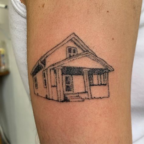 Tattoos Of Houses, Tattoo Of House, Doll House Tattoo, Old House Tattoo, Fine Line House Tattoo, House On Fire Tattoo, Childhood Home Tattoo, House Outline Tattoo, Little House Tattoo