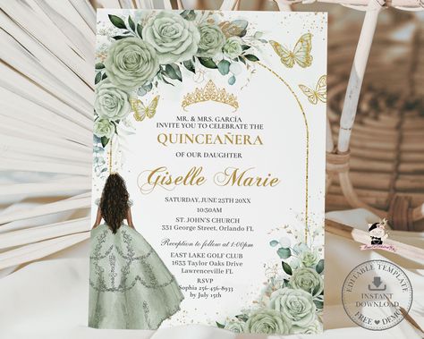 Sage Green Floral Brown Princess Gown Quinceañera Invitation Printable EDITABLE TEMPLATE Quince 15 Sweet 16 Birthday INSTANT Download QC12 Sage Quince Invitations, Sage Green 15 Invitations, Sage Green Quince Invitations, Brown Princess, Quince Stuff, Quince Cakes, Quince Themes, Quinceañera Invitation, Quinceañera Ideas