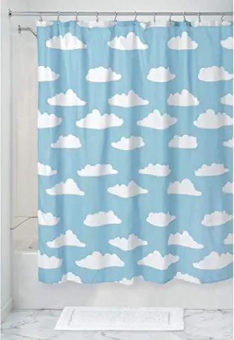 Toy Story Bathroom, College Dorm Bathroom, Toy Story Clouds, Curved Curtain Rods, World Map Fabric, Disney Bathroom, Neutral Curtains, Dorm Bathroom, Map Fabric