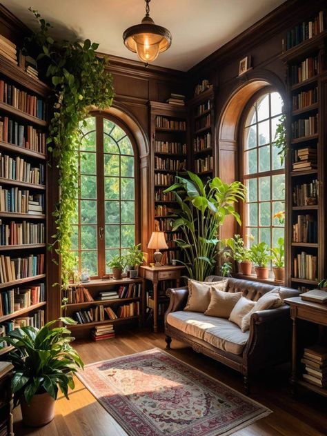 Book House Aesthetic, Home Library Two Story, House Library Room, Library Small Room Ideas, Cozy Library Bedroom, Library Room Inspiration, Library In The Woods, Whimsical Home Library, Cottage Core Library Room