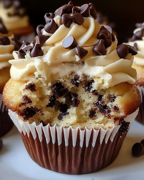 🍫 Chocolate Chip Heaven Cupcakes 🧁 Indulge in these delightful chocolate chip cupcakes that bring a taste of heaven! Ingredients: - 1 1/2 cups all-purpose flour - 1 teaspoon baking powder - 1/2 teaspoon baking soda - 1/4 teaspoon salt - 1/2 cup unsalted butter, softened - 3/4 cup granulated sugar - 3/4 cup brown sugar, packed - 2 large eggs - 2 teaspoons vanilla extract - 1/2 cup sour cream - 1 cup semi-sweet chocolate chips For the Frosting: - 1/2 cup unsalted butter, softene... Chocolate Chip Heaven Cupcakes, Chocolate Chip Cupcakes, Vegetarian Fast Food, Sweet Snacks Recipes, Food Drinks Dessert, Delicious Snacks Recipes, Buffet Food, Sweet Chocolate, Mini Desserts