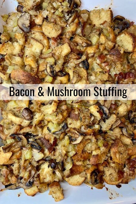 Bacon and mushroom lovers rejoice because this stuffing is what dreams are made of! It's so delicious and perfect for Thanksgiving, the holidays or Sunday Dinner! Bacon And Mushroom, Mushroom Stuffing, Bacon Mushroom, Sausage Stuffed Mushrooms, Stuffing Recipes For Thanksgiving, Herb Stuffing, Bacon Stuffed Mushrooms, Bacon Sausage, Thanksgiving Stuffing