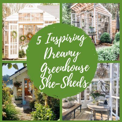 Dreaming of a Greenhouse She-Shed She Shed Glass House, She Shed Made From Old Windows, Greenhouse Furniture Ideas, Decorate Greenhouse, Decorating A Greenhouse, Greenhouse Decor Ideas, Greenhouse She Shed Combo, Vintage Window Greenhouse, Decorated Greenhouse