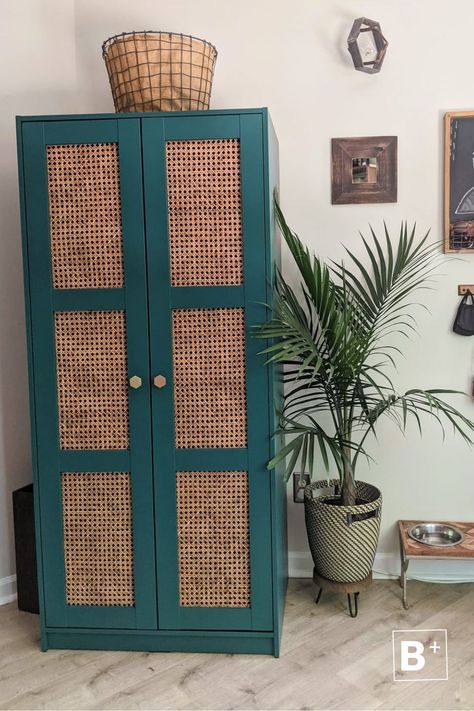 green painted IKEA wardrobe cabinet sitting in entryway next to indoor plant and boho wall decor Rakkestad Ikea Wardrobe, Wardrobe Cabinet Makeover, Rakkestad Ikea, Rakkestad Ikea Hack, Ikea Hack Wardrobe, Small Entryway Organization, Diy Entryway Storage, Cabinet Hack, Ikea Makeover