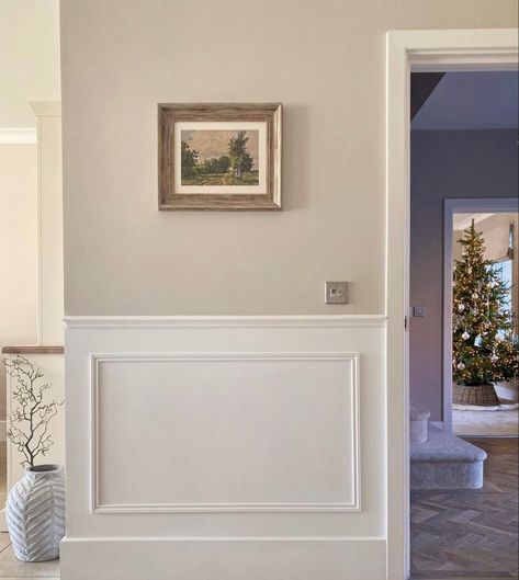 Cream And White Walls, White Panelling Hallway, Cream Wall Panelling, Skimming Stone Nursery, Skimming Stone Hallway, Hallway Panelling Colours, Panelling Colours, Beige Panelling, Stone Panelling