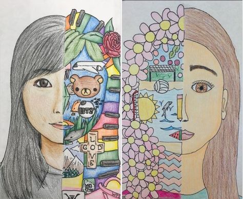 Year 5 Art Projects, Sel Art Projects Middle School, Art Therapy Elementary School, Fun Art Therapy Activities, Self Portrait Art Therapy, Art Therapy Classroom, Art Therapy Self Portrait, Fun Group Art Projects, Year 6 Art Lessons