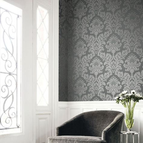 Pear Tree Glitter Damask Wallpaper Grey / Silver UK10435 Wallpaper Bedroom Grey, Damask Wallpaper Bedroom, Pink Marble Wallpaper, Glitter Room, Dark Grey Rooms, Penthouse Living, Iphone Wallpaper Glitter, Glitter Heat Transfer Vinyl, Glitter Wall