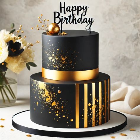 Event Cake Ideas, 50th Men Birthday Cake, Elegant Black And Gold Cake, 3 Tier Black And Gold Cake, Black And Gold 60th Birthday Cake, 50 Birthday Cake Men, Black And Gold 50th Birthday Cake, Black And Gold Birthday Cake For Him, Black And Gold Cake Design