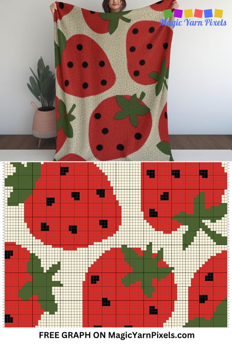 Are you looking for a fun crochet project? Check out my free graph for a Crochet Strawberry Blanket, perfect for adding a summer feel to any room. Use this free crochet graph with different size yarns and hooks to crochet a variety of items. From double bed throws, to baby blankets, wall hangings, rugs, and pillowcases, you can make them all with this graph. Pixel Crochet Blanket Pattern, Graphs For Crochet, Strawberry Blanket Crochet, Crochet Strawberry Blanket, Crochet Tapestry Blanket, Crochet Rug Free Pattern, Crochet Blanket Graph, Crochet Pixel Blanket, Fun Crochet Blanket