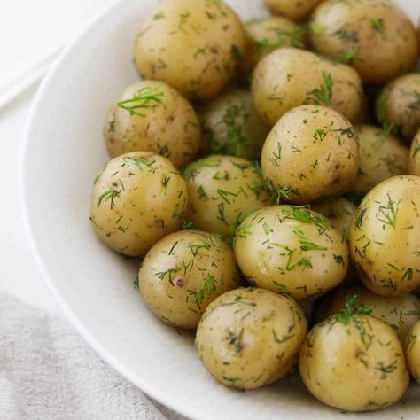 Buttery Swedish Dill Potatoes (Färskpotatis med Dill) Swedish Potatoes, Sweden Recipes, Herbed Potato Salad, Pickled Herring, Dill Potatoes, Cured Salmon, Leftover Potatoes, Sage Butter, Hasselback Potatoes