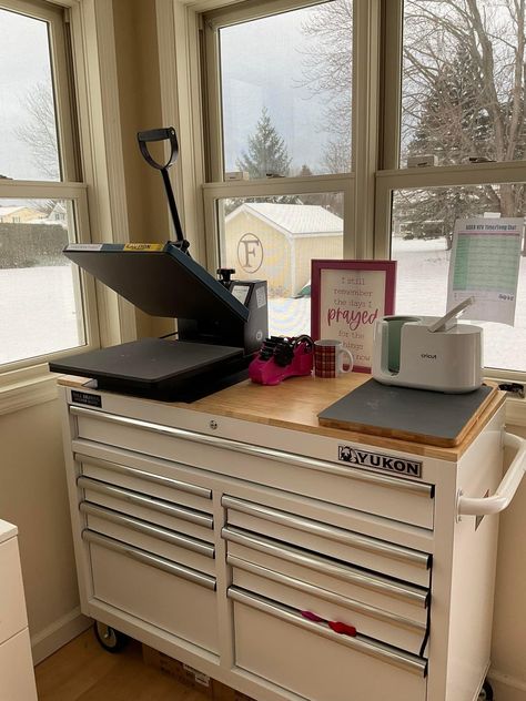 Cricut Work Bench, Small Sublimation Craft Rooms, Screen Print Organization, Craft Room Heat Press Organization, T Shirt Business Office Organization, Husky Workbench Craft Room, Heat Press Organization Ideas, Cricut And Heat Press Work Station, Heat Press Storage Ideas