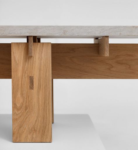 The base is made of solid Swedish oak, and the top is made of limestone. Coffee table, design Linn Fredlund – Verk - Scandinaviandesign.com Japanese Coffee Table, Table Base Design, Solid Oak Coffee Table, Plywood Table, Japanese Table, Solid Oak Table, Japanese Joinery, Andermatt, Oak Coffee Table