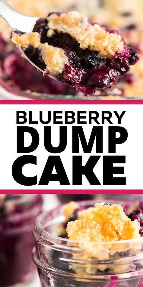 colalge of two closeup images of a freshly baked Blueberry Dump Cake. Blueberry Dump Cake, Blueberry Dump Cake Recipes, Easy Dump Cake Recipe, Blueberry Desserts Recipes, Blueberry Cobbler Recipes, Blueberry Dump Cakes, Cake Mix Desserts, Blueberry Cake Recipes, Apple Dump Cakes