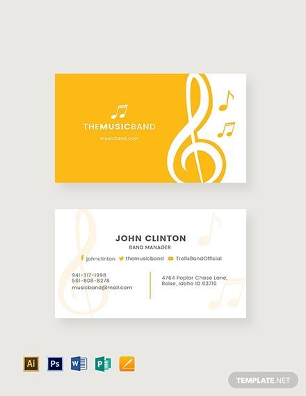 Music Band Business Card Template - Download in Word, Google Docs, Illustrator, PSD, Apple Pages, Publisher | Template.net Musician Business Card Ideas, Music Visiting Card, Music Business Cards Design, Band Business Card, Musician Business Card, Calling Card Design, Create A Business Logo, Music Business Cards, Frames Design Graphic